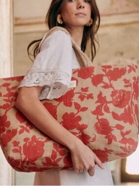 Sezane Large Jute Floral Red Tote Bag